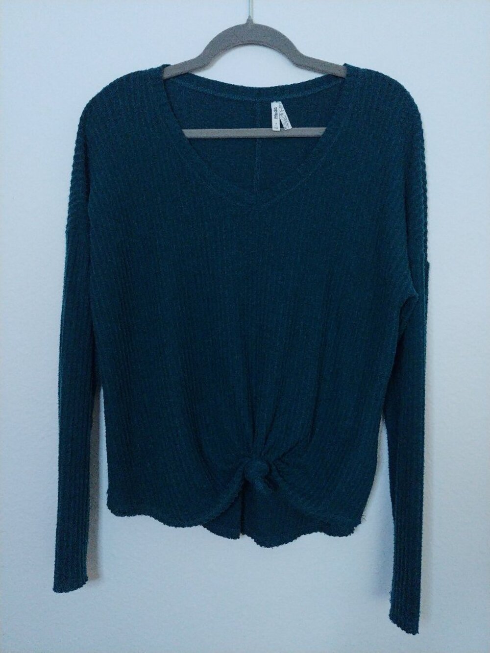 Mudd Green Waffle Knit Tie-Front Long Sleeve Top